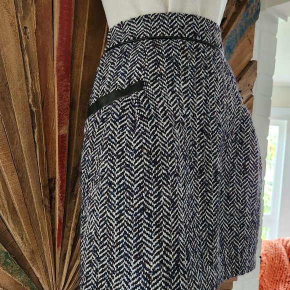 Tibi wool/ leather trim pockets herringbone high waist mini skirt Sz 6 - Picture 3 of 9